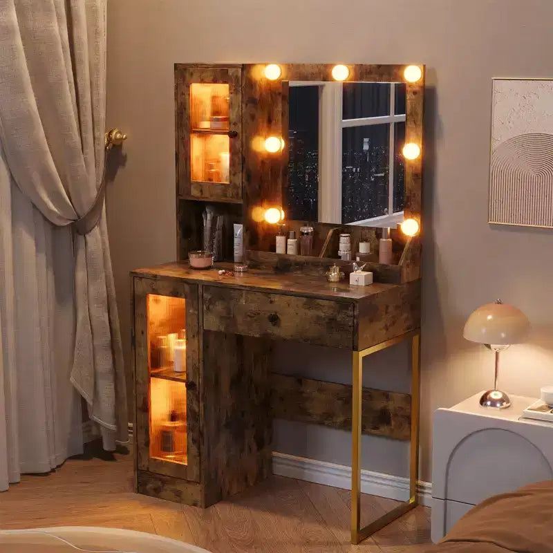 Modern Makeup Vanity Desk with Mirror, 2 Acrylic-Door Cabinets, 2 Open Shelves, Drawers, for Bedroom