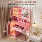 Modern Makeup Vanity Desk with Mirror, 2 Acrylic-Door Cabinets, 2 Open Shelves, Drawers, for Bedroom