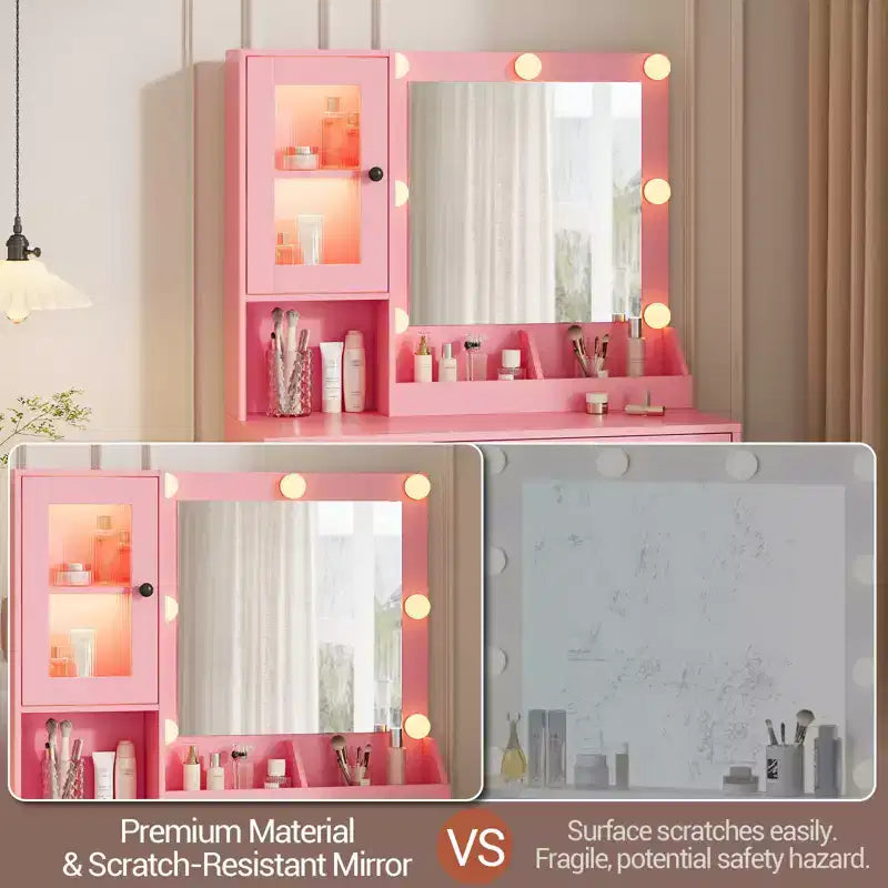 Modern Makeup Vanity Desk with Mirror, 2 Acrylic-Door Cabinets, 2 Open Shelves, Drawers, for Bedroom