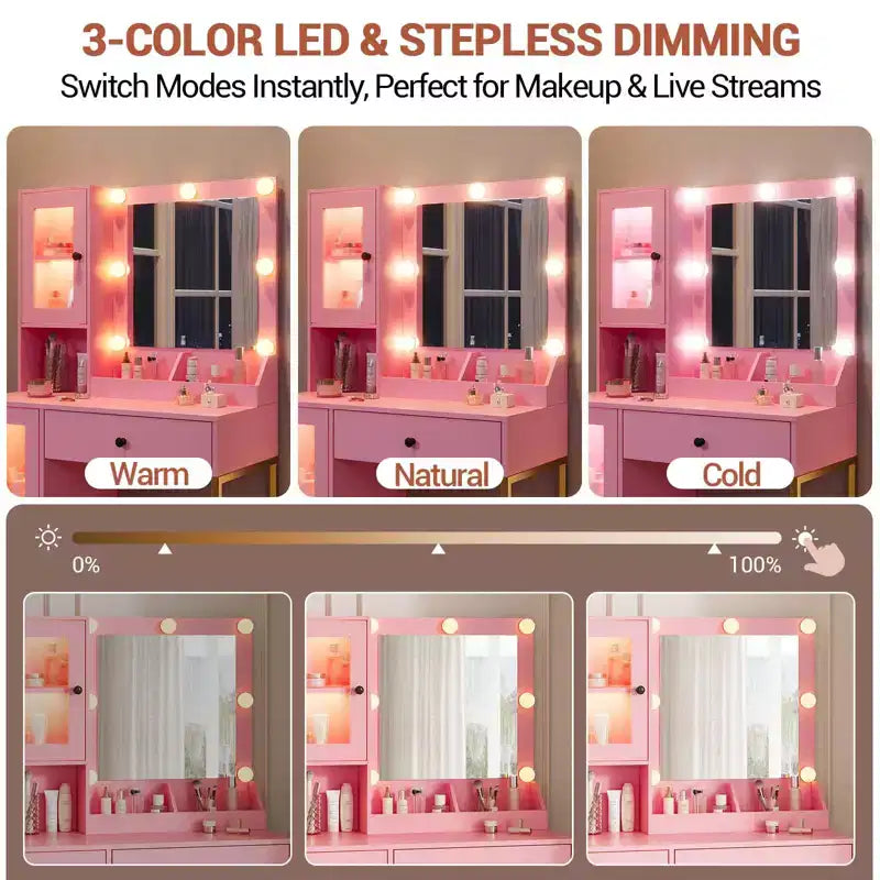 Modern Makeup Vanity Desk with Mirror, 2 Acrylic-Door Cabinets, 2 Open Shelves, Drawers, for Bedroom