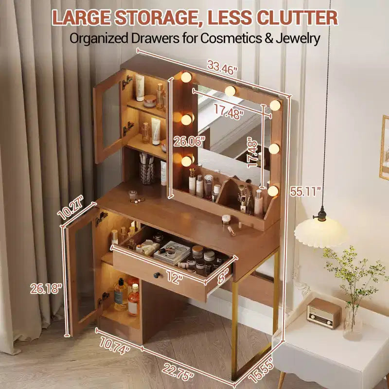 Modern Makeup Vanity Desk with Mirror, 2 Acrylic-Door Cabinets, 2 Open Shelves, Drawers, for Bedroom