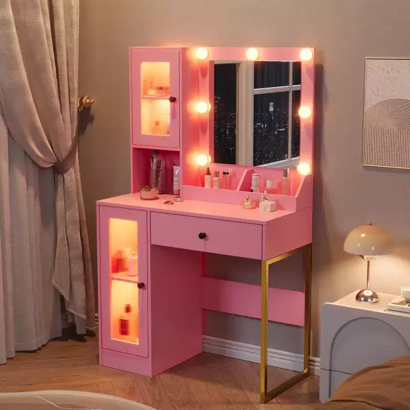 Modern Makeup Vanity Desk with Mirror, 2 Acrylic-Door Cabinets, 2 Open Shelves, Drawers, for Bedroom
