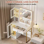 Modern Makeup Vanity Desk with Mirror, 2 Acrylic-Door Cabinets, 2 Open Shelves, Drawers, for Bedroom