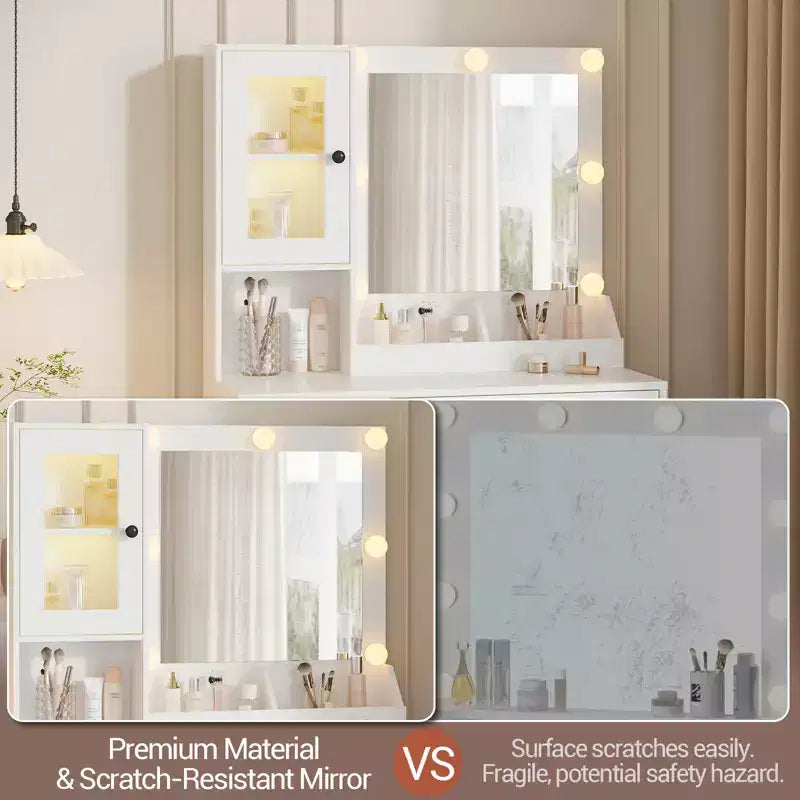 Modern Makeup Vanity Desk with Mirror, 2 Acrylic-Door Cabinets, 2 Open Shelves, Drawers, for Bedroom
