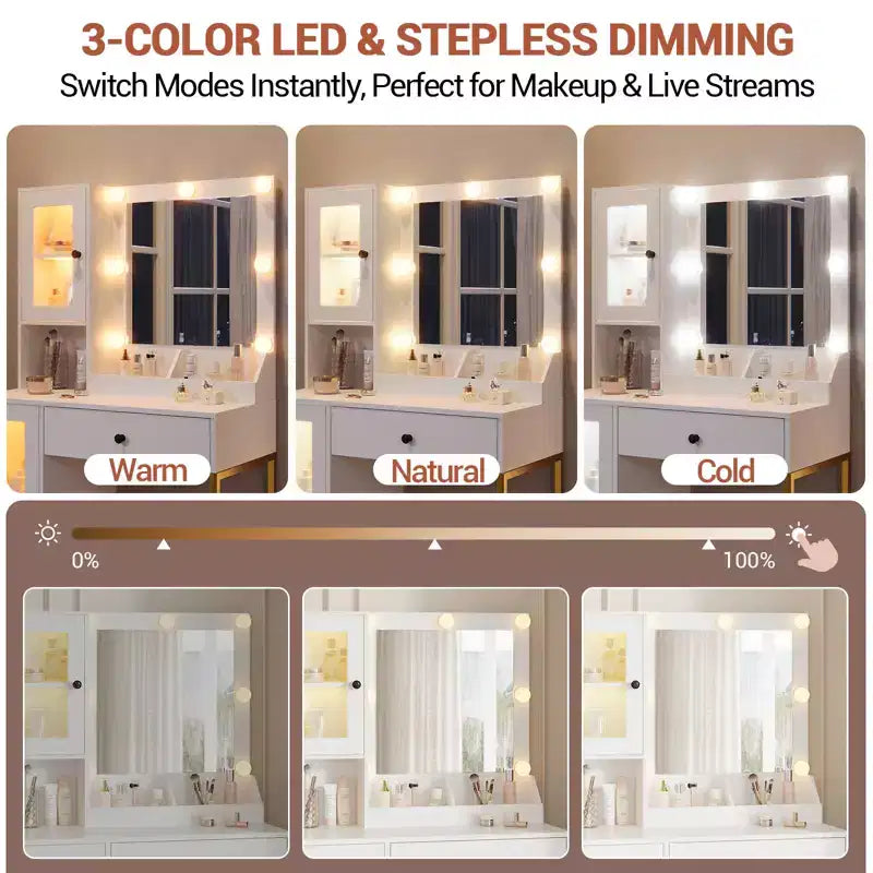 Modern Makeup Vanity Desk with Mirror, 2 Acrylic-Door Cabinets, 2 Open Shelves, Drawers, for Bedroom