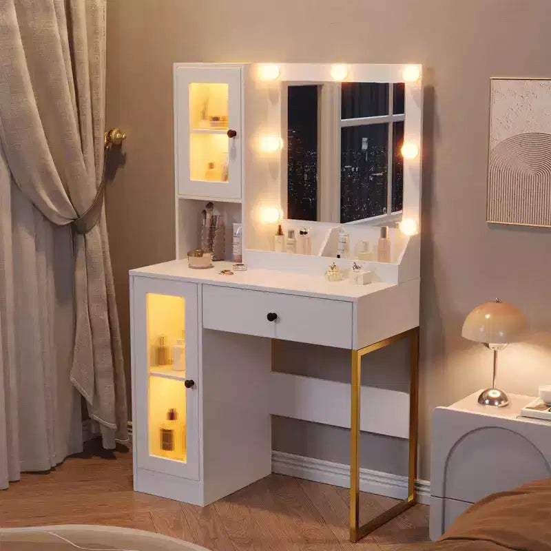 Modern Makeup Vanity Desk with Mirror, 2 Acrylic-Door Cabinets, 2 Open Shelves, Drawers, for Bedroom