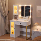 Modern Makeup Vanity Desk with Mirror, 2 Acrylic-Door Cabinets, 2 Open Shelves, Drawers, for Bedroom