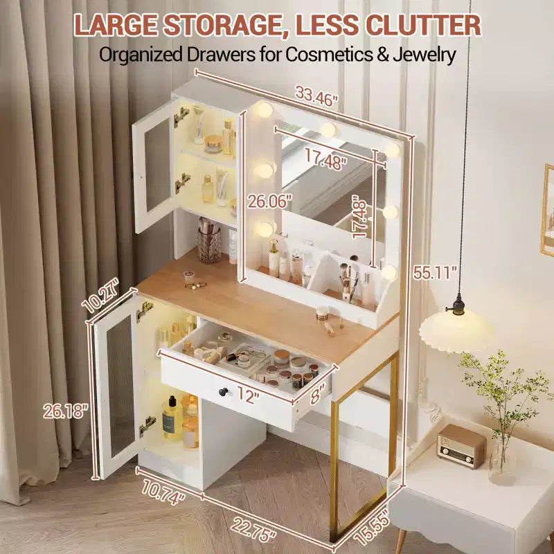 Modern Makeup Vanity Desk with Mirror, 2 Acrylic-Door Cabinets, 2 Open Shelves, Drawers, for Bedroom