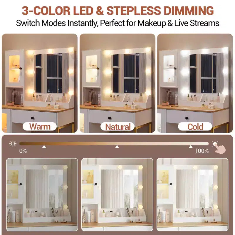 Modern Makeup Vanity Desk with Mirror, 2 Acrylic-Door Cabinets, 2 Open Shelves, Drawers, for Bedroom