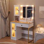 Modern Makeup Vanity Desk with Mirror, 2 Acrylic-Door Cabinets, 2 Open Shelves, Drawers, for Bedroom