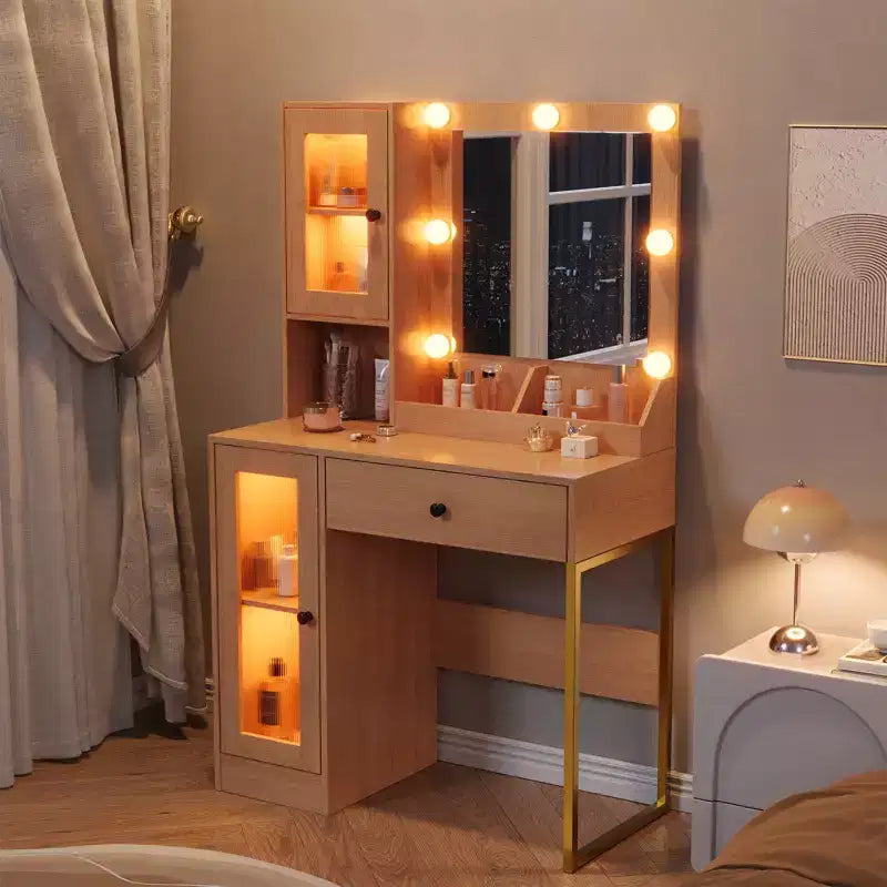 Modern Makeup Vanity Desk with Mirror, 2 Acrylic-Door Cabinets, 2 Open Shelves, Drawers, for Bedroom