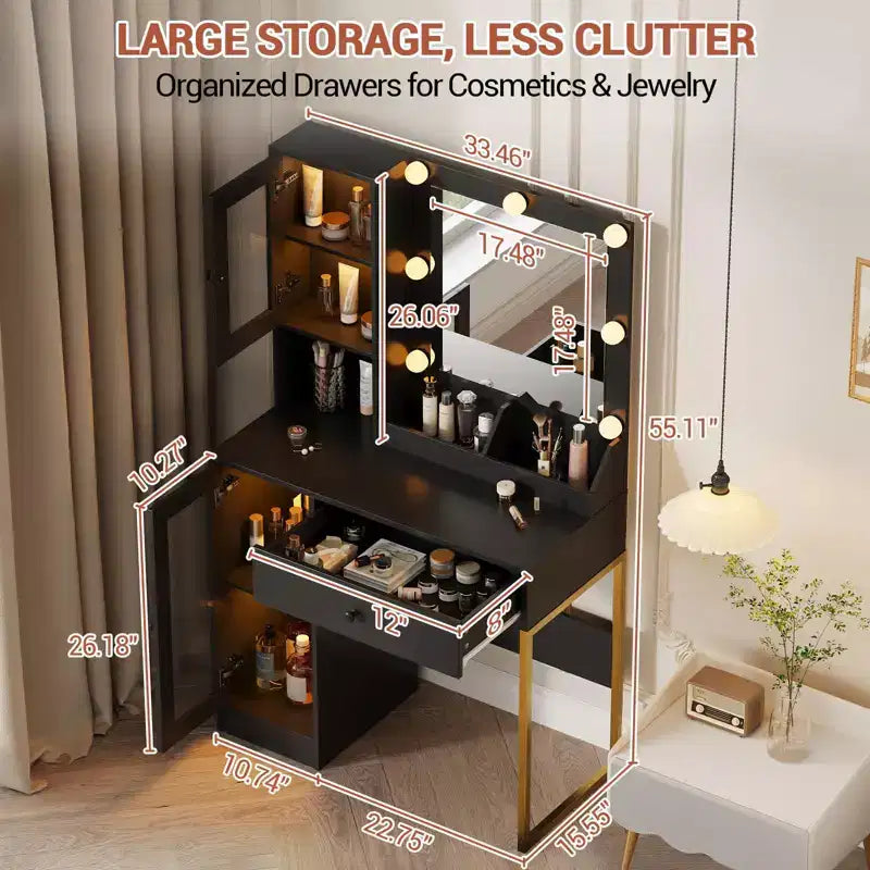 Modern Makeup Vanity Desk with Mirror, 2 Acrylic-Door Cabinets, 2 Open Shelves, Drawers, for Bedroom