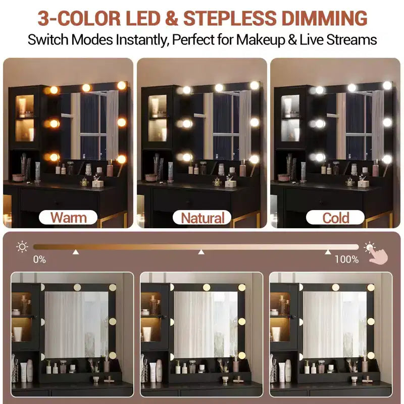 Modern Makeup Vanity Desk with Mirror, 2 Acrylic-Door Cabinets, 2 Open Shelves, Drawers, for Bedroom