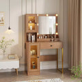 Modern Makeup Vanity Desk with Mirror, 2 Acrylic-Door Cabinets, 2 Open Shelves, Drawers, for Bedroom