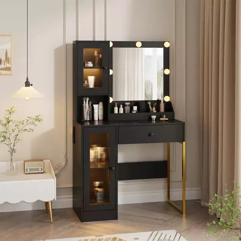 Tocador de maquillaje moderno con espejo, 2 armarios con puertas de acrílico, 2 estantes abiertos y cajones, para dormitorio