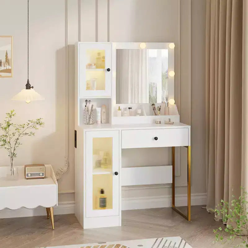 Tocador de maquillaje moderno con espejo, 2 armarios con puertas de acrílico, 2 estantes abiertos y cajones, para dormitorio
