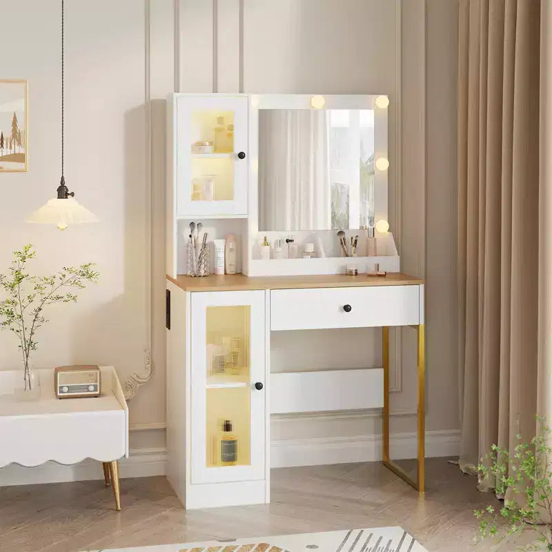 Tocador de maquillaje moderno con espejo, 2 armarios con puertas de acrílico, 2 estantes abiertos y cajones, para dormitorio