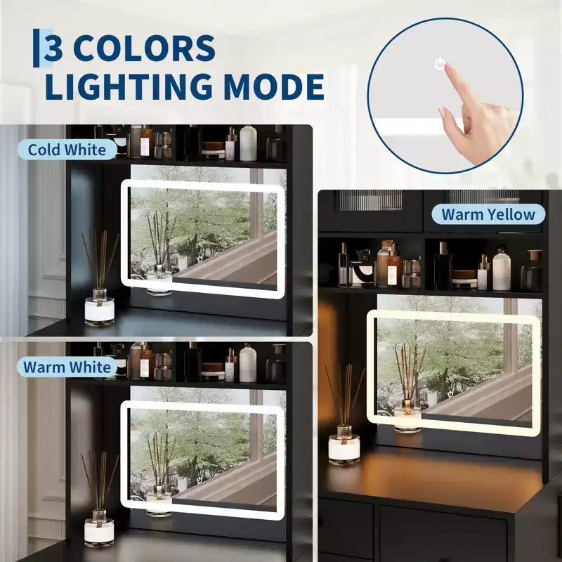 3 in 1 Vanity Desk, Tall Makeup Vanity Set, 4 Drawers, Storage Compartment, Acrylic Doors, for Bedroom, Home