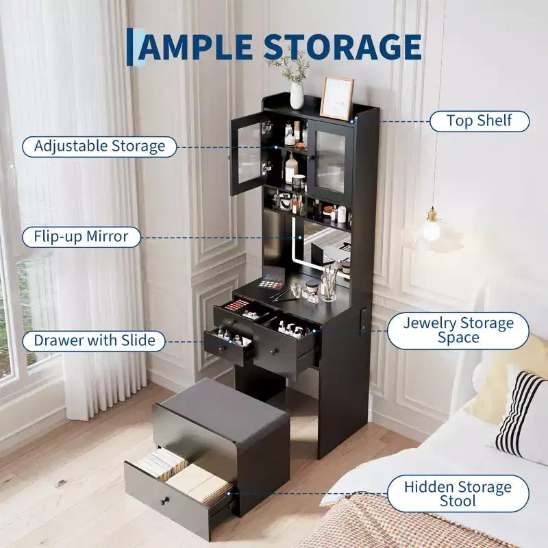 3 in 1 Vanity Desk, Tall Makeup Vanity Set, 4 Drawers, Storage Compartment, Acrylic Doors, for Bedroom, Home
