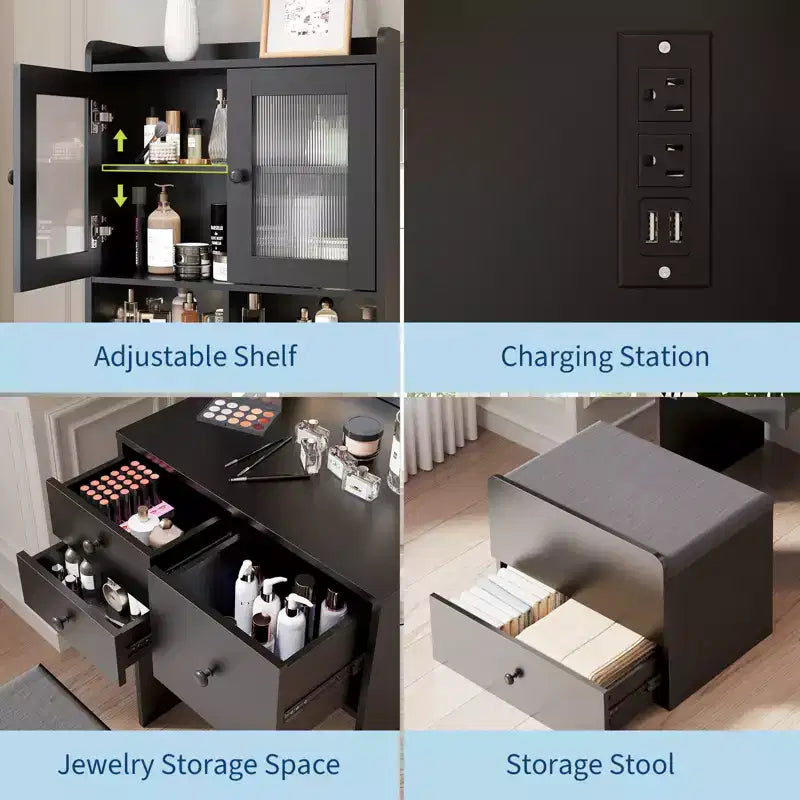 3 in 1 Vanity Desk, Tall Makeup Vanity Set, 4 Drawers, Storage Compartment, Acrylic Doors, for Bedroom, Home
