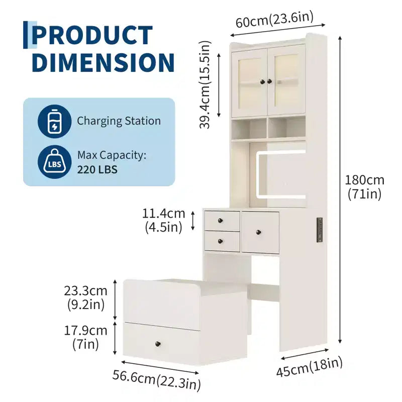 3 in 1 Vanity Desk, Tall Makeup Vanity Set, 4 Drawers, Storage Compartment, Acrylic Doors, for Bedroom, Home