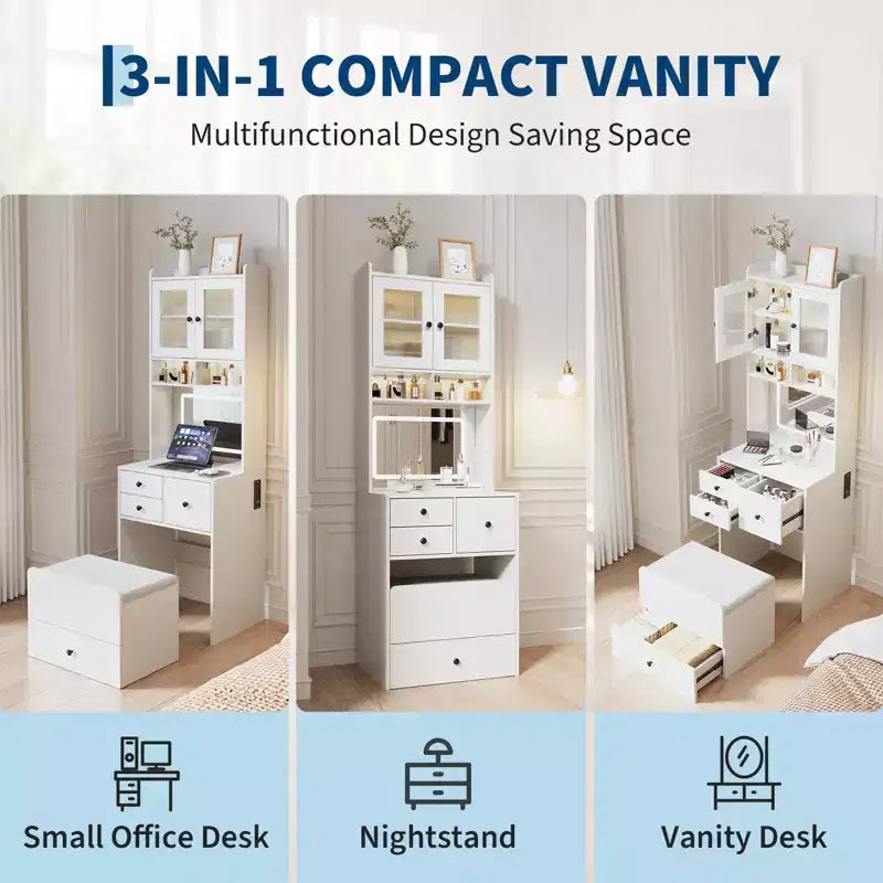 3 in 1 Vanity Desk, Tall Makeup Vanity Set, 4 Drawers, Storage Compartment, Acrylic Doors, for Bedroom, Home
