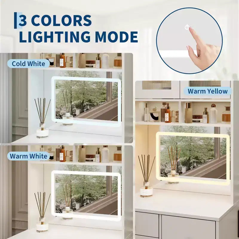 3 in 1 Vanity Desk, Tall Makeup Vanity Set, 4 Drawers, Storage Compartment, Acrylic Doors, for Bedroom, Home