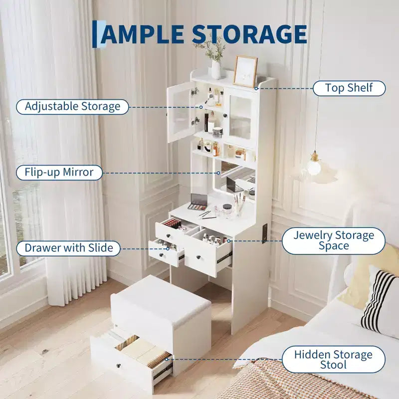 3 in 1 Vanity Desk, Tall Makeup Vanity Set, 4 Drawers, Storage Compartment, Acrylic Doors, for Bedroom, Home