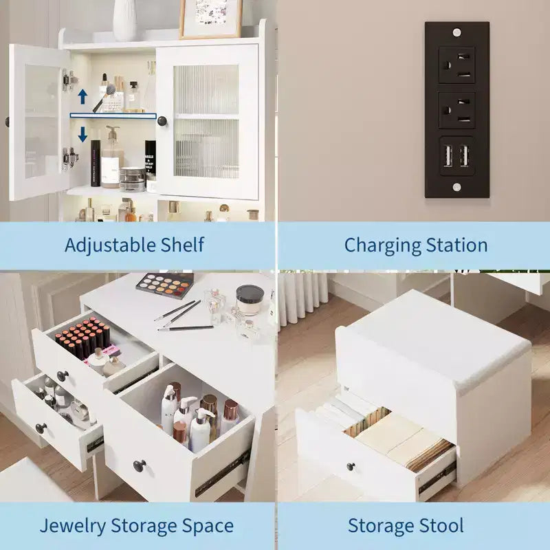 3 in 1 Vanity Desk, Tall Makeup Vanity Set, 4 Drawers, Storage Compartment, Acrylic Doors, for Bedroom, Home