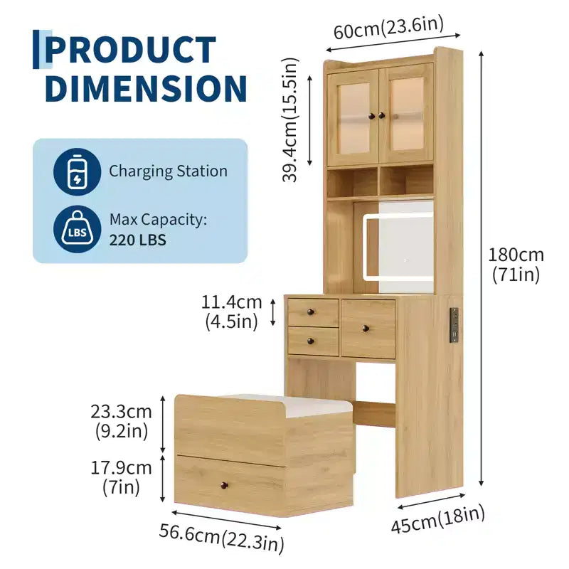 3 in 1 Vanity Desk, Tall Makeup Vanity Set, 4 Drawers, Storage Compartment, Acrylic Doors, for Bedroom, Home