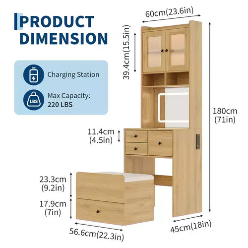 Tocador 3 en 1, conjunto de tocador de maquillaje alto, 4 cajones, compartimento de almacenamiento y puertas de acrílico, para dormitorio y hogar
