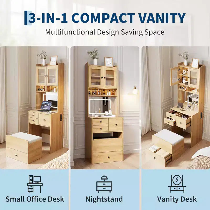 3 in 1 Vanity Desk, Tall Makeup Vanity Set, 4 Drawers, Storage Compartment, Acrylic Doors, for Bedroom, Home