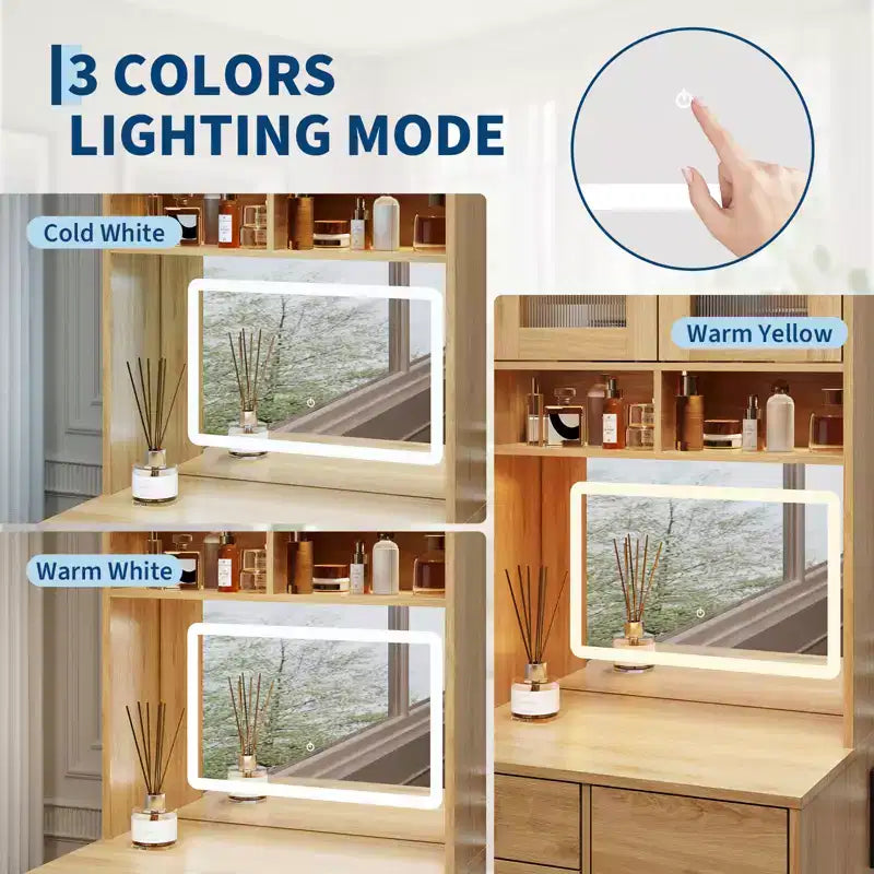 3 in 1 Vanity Desk, Tall Makeup Vanity Set, 4 Drawers, Storage Compartment, Acrylic Doors, for Bedroom, Home