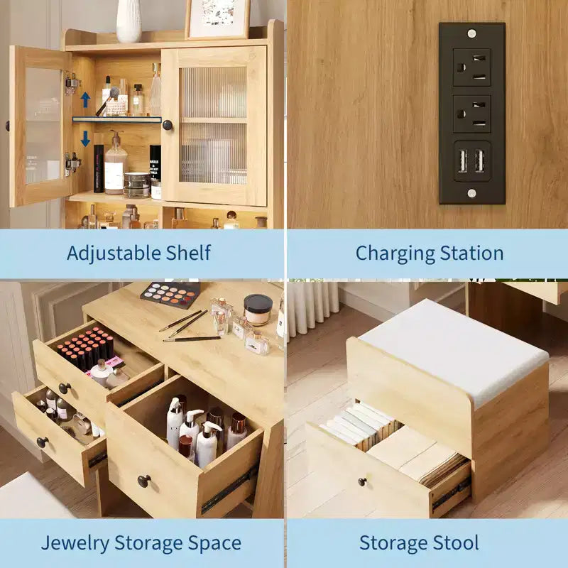 3 in 1 Vanity Desk, Tall Makeup Vanity Set, 4 Drawers, Storage Compartment, Acrylic Doors, for Bedroom, Home