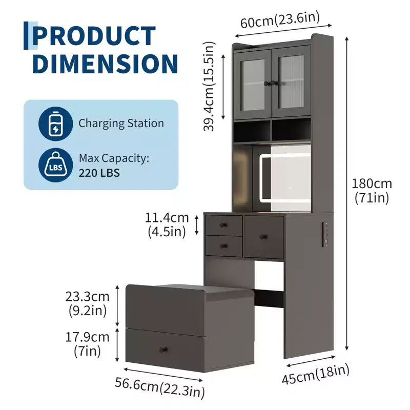 3 in 1 Vanity Desk, Tall Makeup Vanity Set, 4 Drawers, Storage Compartment, Acrylic Doors, for Bedroom, Home