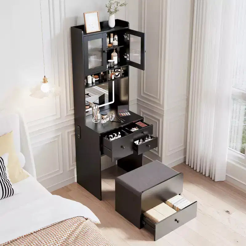 3 in 1 Vanity Desk, Tall Makeup Vanity Set, 4 Drawers, Storage Compartment, Acrylic Doors, for Bedroom, Home
