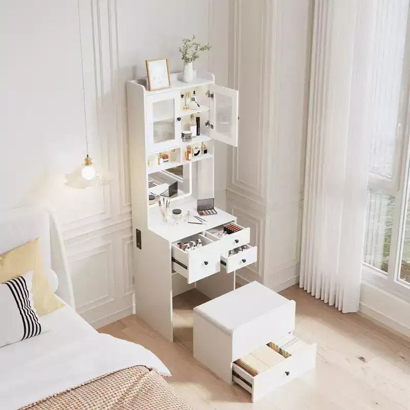 3 in 1 Vanity Desk, Tall Makeup Vanity Set, 4 Drawers, Storage Compartment, Acrylic Doors, for Bedroom, Home