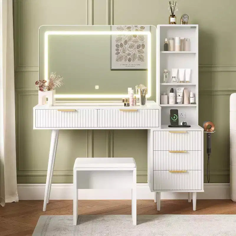 Escritorio tocador de maquillaje, 5 cajones, 3 estantes, superficie de vidrio, conjunto de mesa de maquillaje para dormitorio y sala de estar