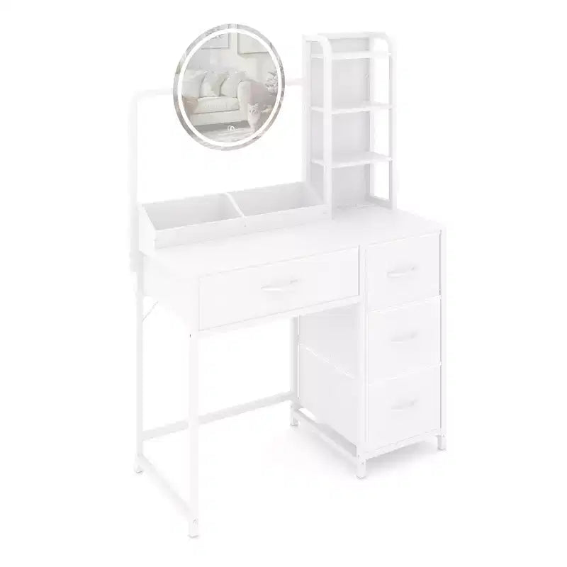 Escritorio de tocador moderno con espejo, 4 cajones de tela y estantes de almacenamiento para dormitorio o sala de estar