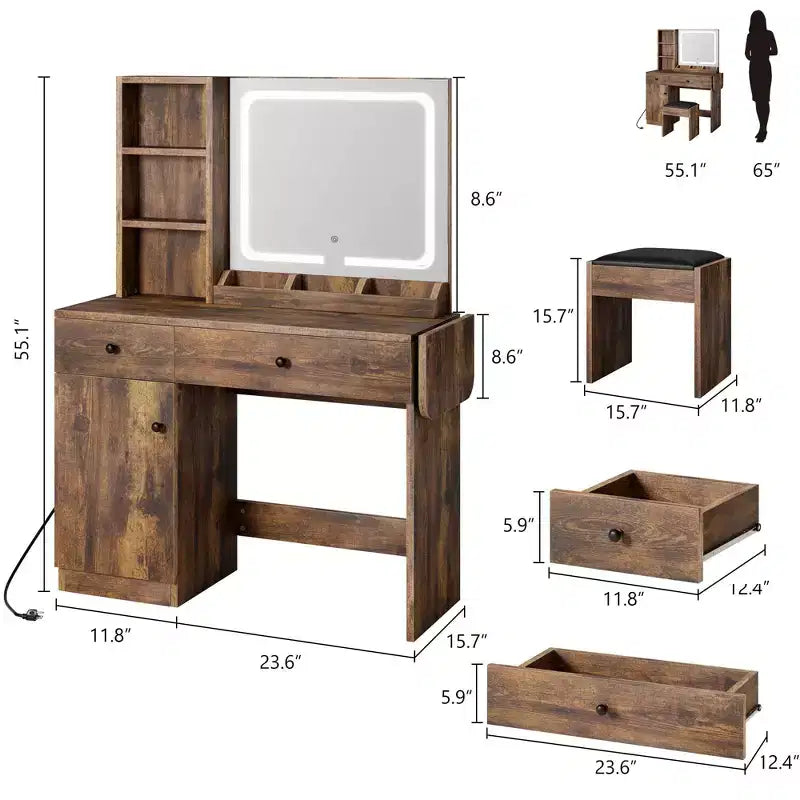 Escritorio de tocador para maquillaje con espejo y luces, conjunto de mesa de tocador con cajón, toma de corriente, silla y 3 estantes, para dormitorio
