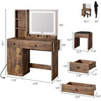 Escritorio de tocador para maquillaje con espejo y luces, conjunto de mesa de tocador con cajón, toma de corriente, silla y 3 estantes, para dormitorio