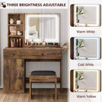 Escritorio de tocador para maquillaje con espejo y luces, conjunto de mesa de tocador con cajón, toma de corriente, silla y 3 estantes, para dormitorio
