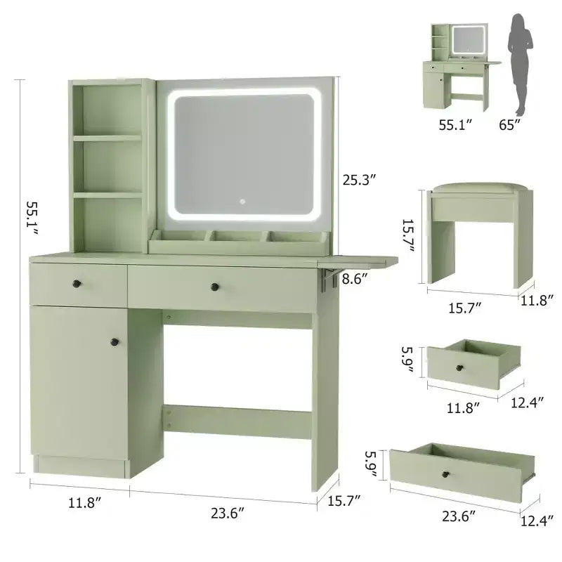 Escritorio de tocador para maquillaje con espejo y luces, conjunto de mesa de tocador con cajón, toma de corriente, silla y 3 estantes, para dormitorio