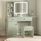 Escritorio de tocador para maquillaje con espejo y luces, conjunto de mesa de tocador con cajón, toma de corriente, silla y 3 estantes, para dormitorio