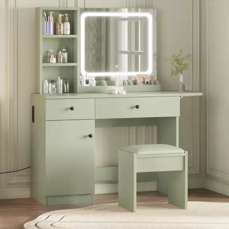 Escritorio de tocador para maquillaje con espejo y luces, conjunto de mesa de tocador con cajón, toma de corriente, silla y 3 estantes, para dormitorio
