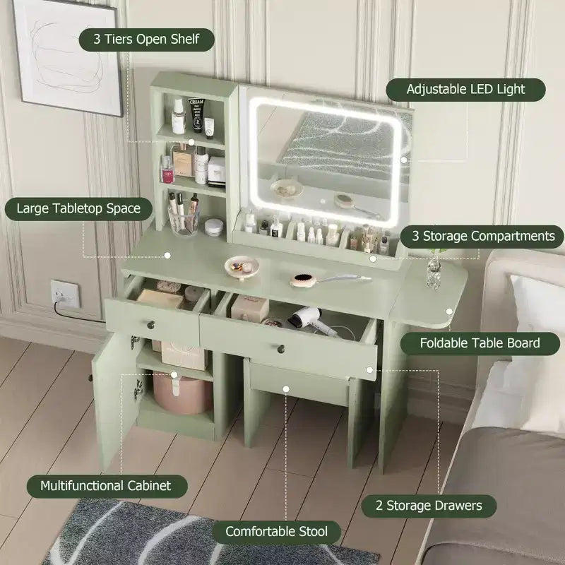 Escritorio de tocador para maquillaje con espejo y luces, conjunto de mesa de tocador con cajón, toma de corriente, silla y 3 estantes, para dormitorio