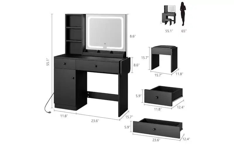 Escritorio de tocador para maquillaje con espejo y luces, conjunto de mesa de tocador con cajón, toma de corriente, silla y 3 estantes, para dormitorio