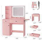 Escritorio de tocador para maquillaje con espejo y luces, conjunto de mesa de tocador con cajón, toma de corriente, silla y 3 estantes, para dormitorio