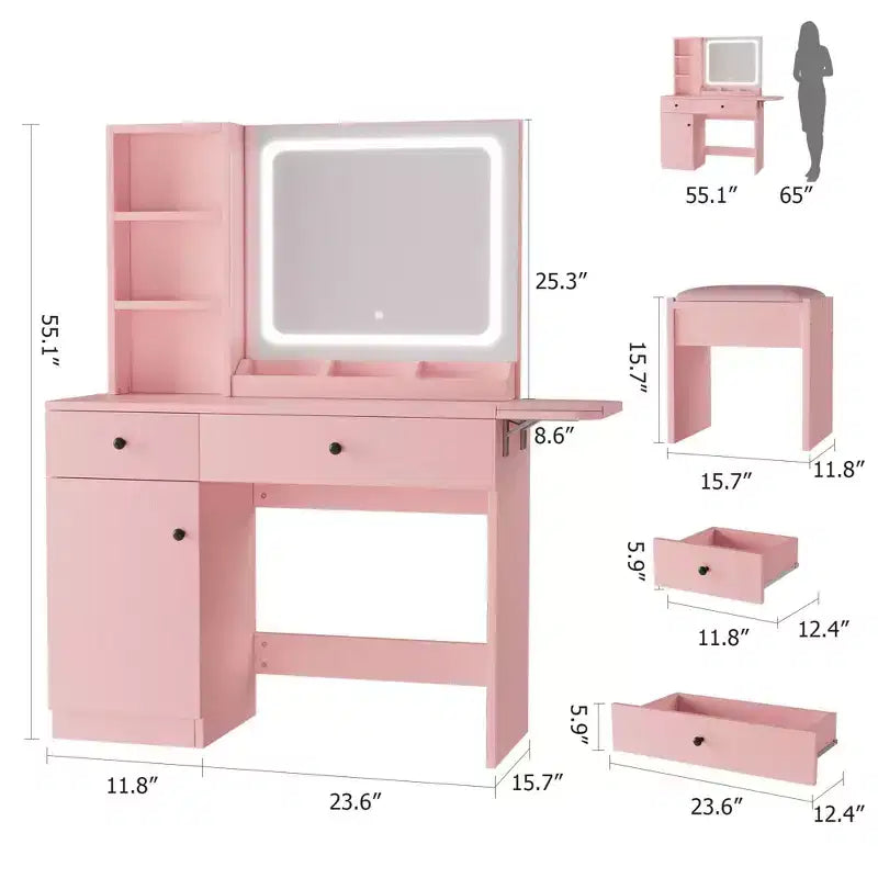 Escritorio de tocador para maquillaje con espejo y luces, conjunto de mesa de tocador con cajón, toma de corriente, silla y 3 estantes, para dormitorio