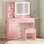 Escritorio de tocador para maquillaje con espejo y luces, conjunto de mesa de tocador con cajón, toma de corriente, silla y 3 estantes, para dormitorio